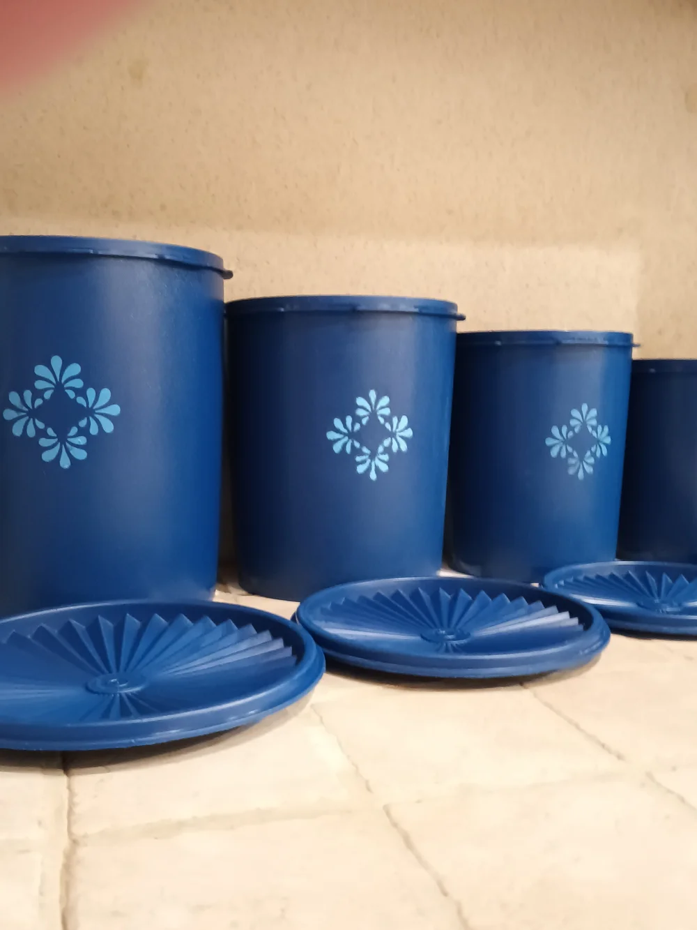Vintage Tupperware Blue PlasticRetro Floral Canisters 4 Piece Set w/Lids.